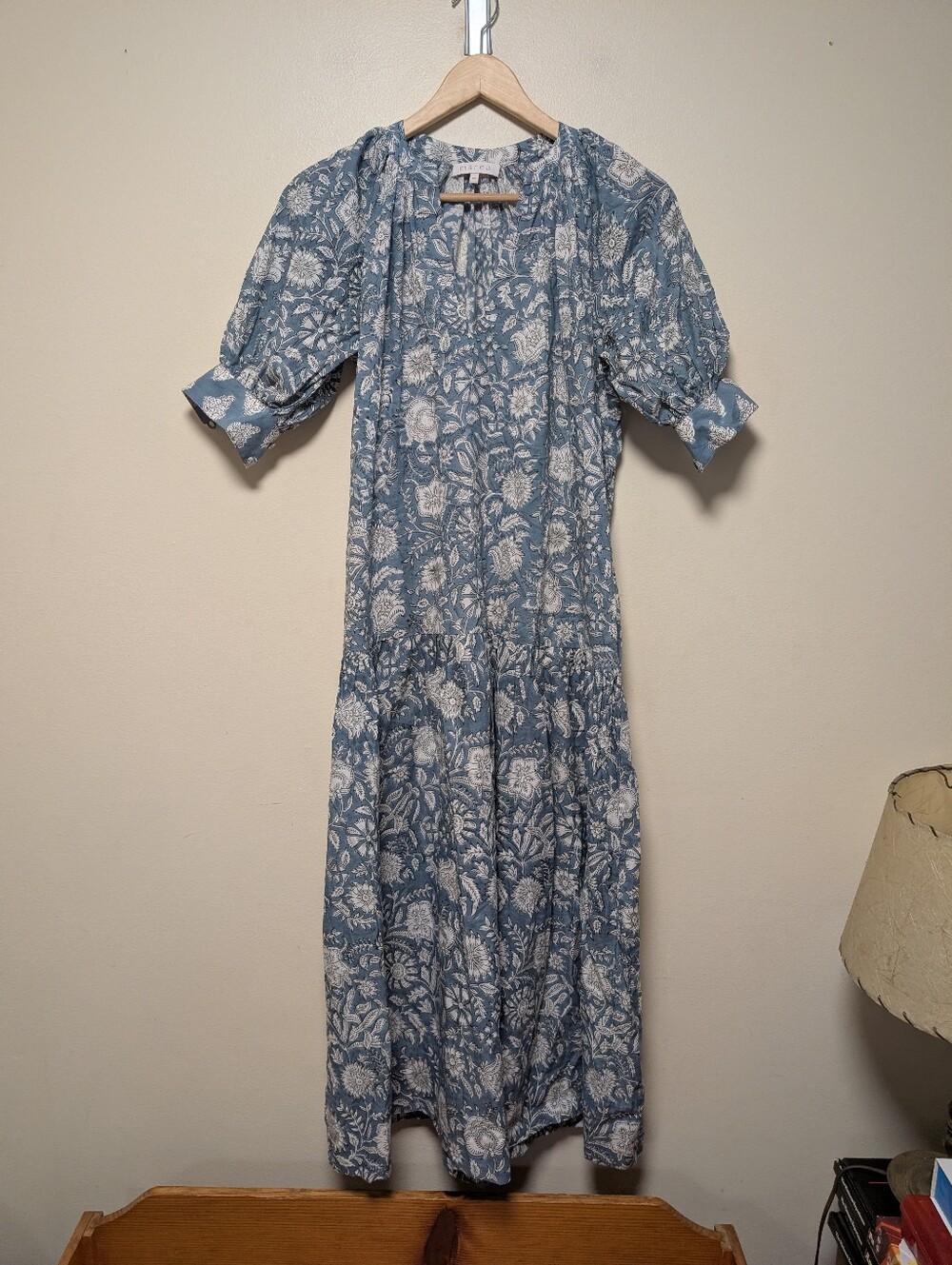Blue Floral Maxi Dress with Puff Sleeves by